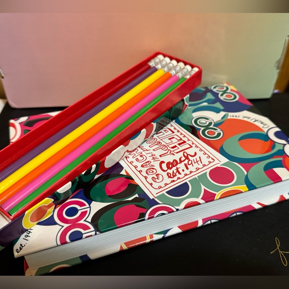 Coach Multicolor Circle-Print Notebook with Bright Colored Pencils